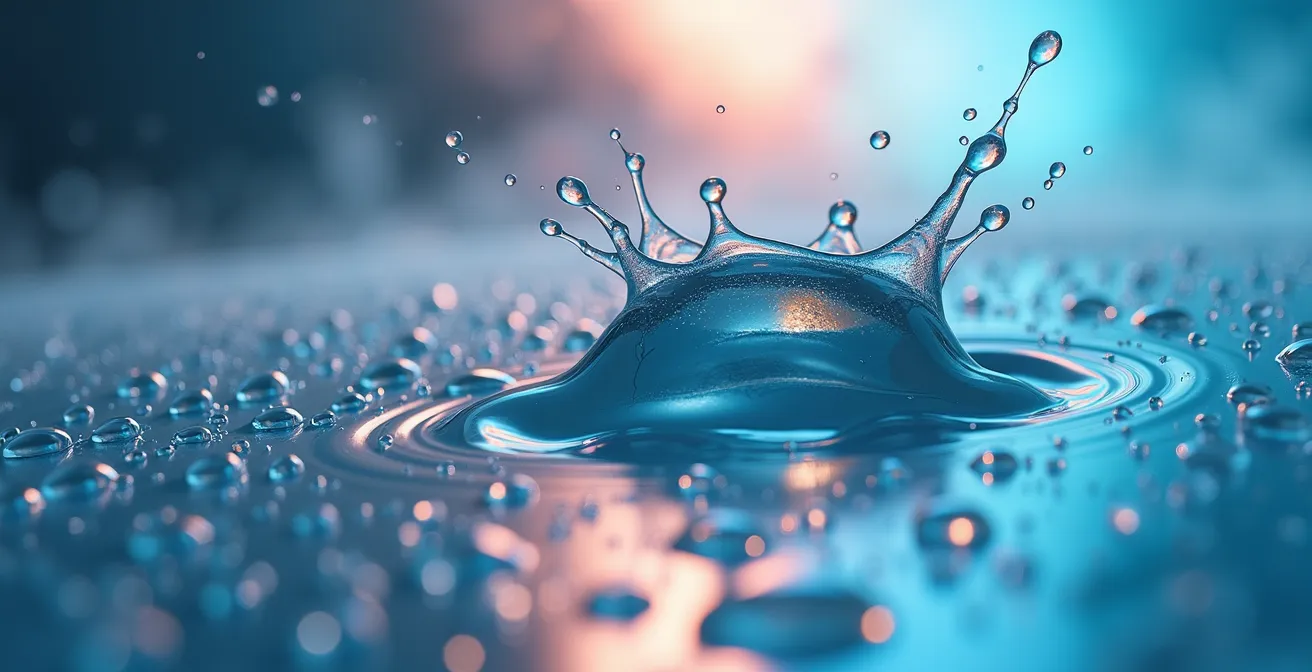 Vue macro détaillée d'une surface avec texture d'eau et reflets lumineux