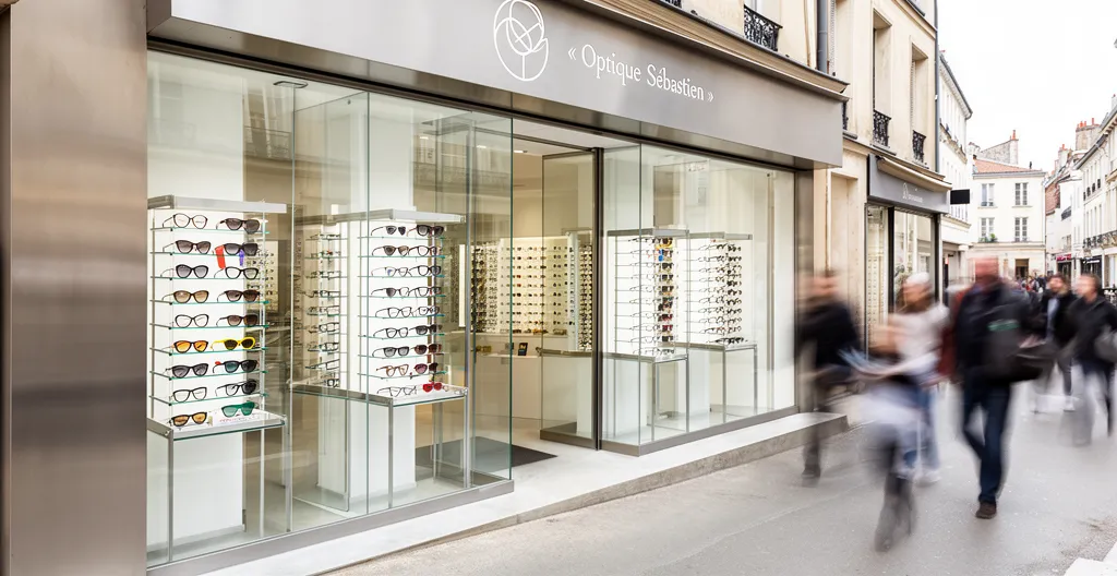 Façade d'une boutique d'optique dans une rue commerçante avec vitrine accueillante