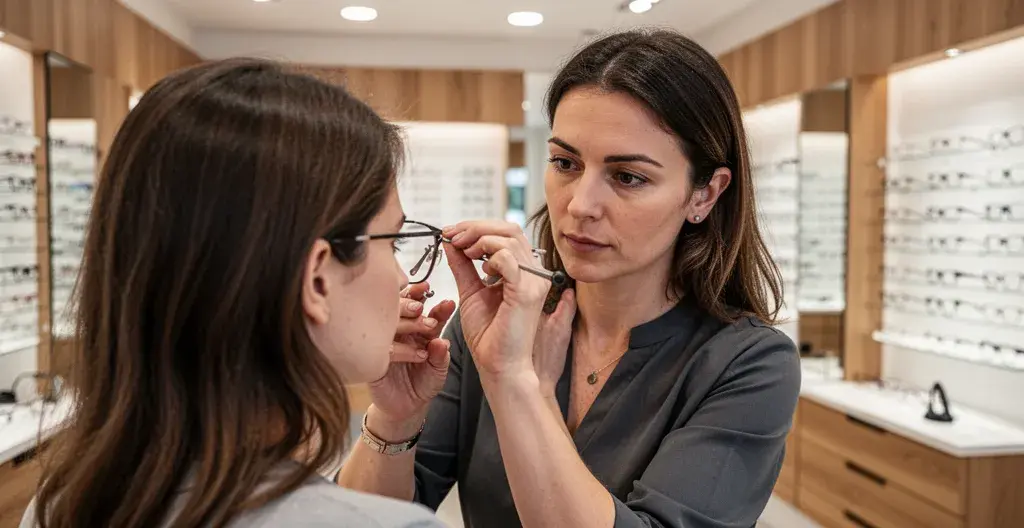 Opticienne spécialisée ajustant des lunettes progressives en boutique
