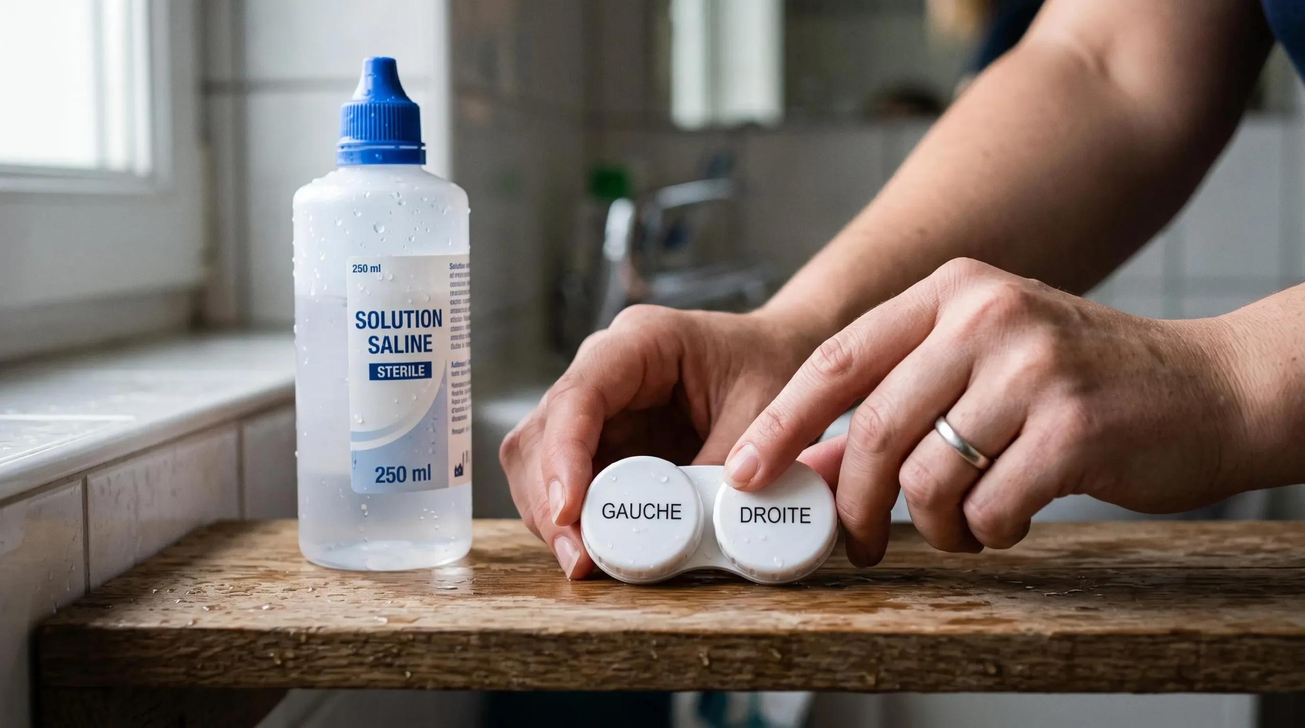 Des mains ferment un étui de lentilles près d'une solution d'entretien.