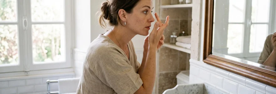 Une femme insère une lentille de contact devant son miroir de salle de bain.