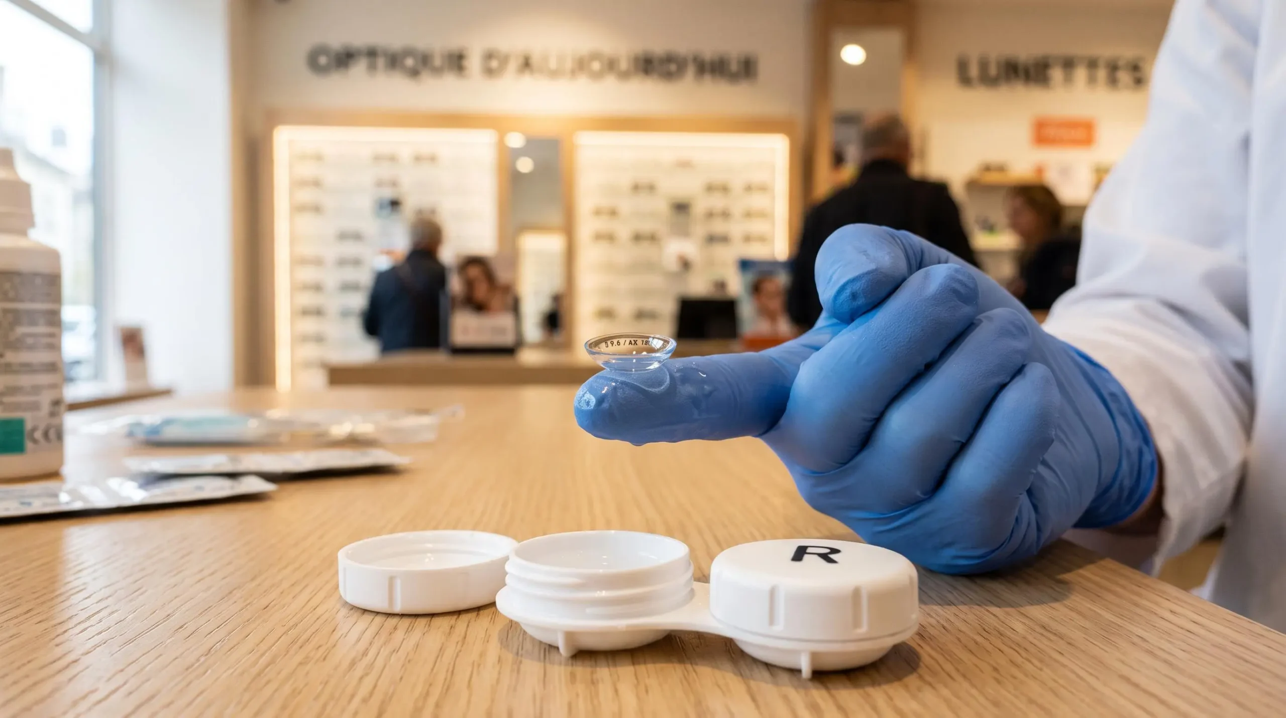 Un opticien présente une lentille de contact torique au bout de son doigt.