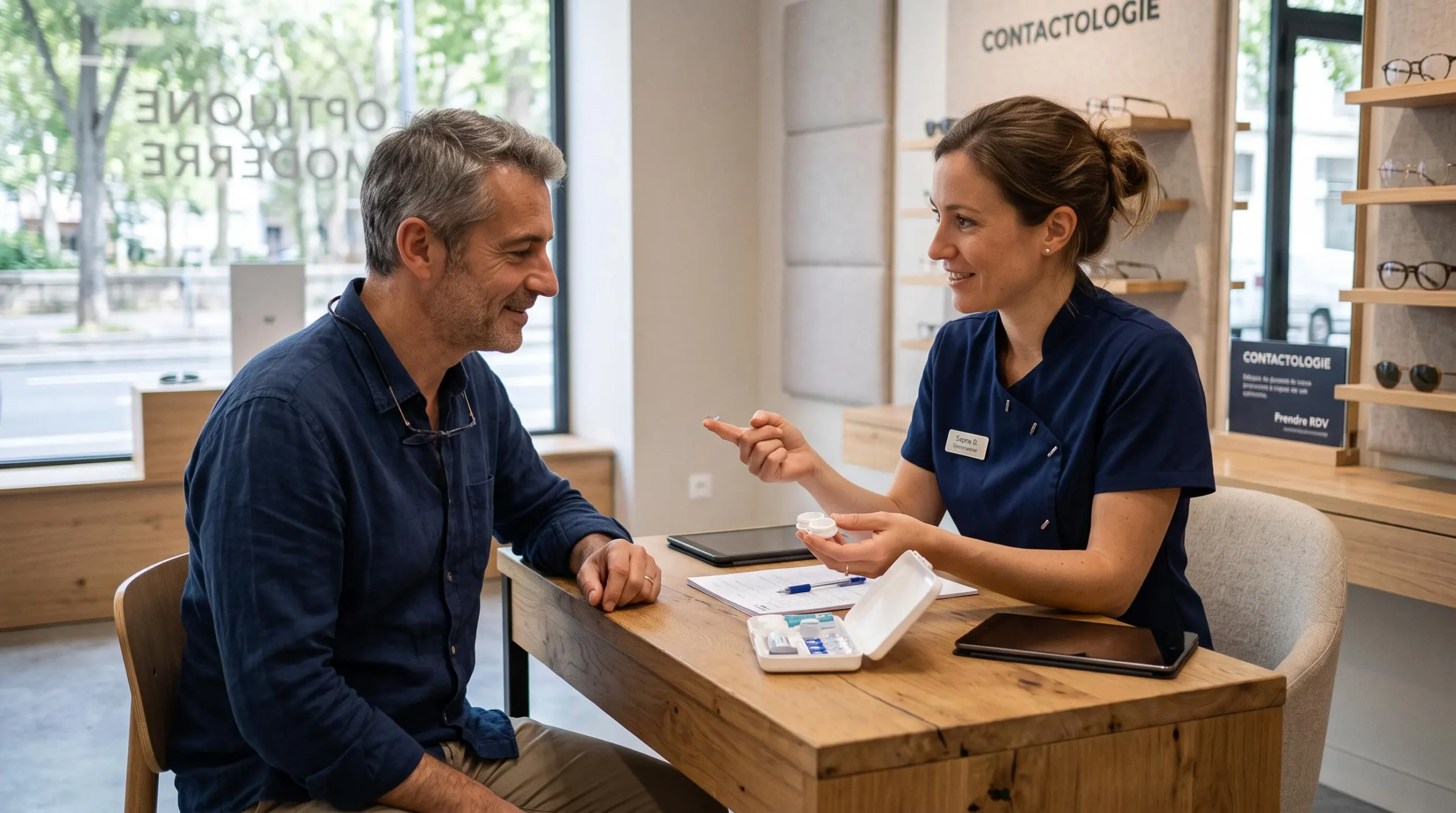 Un optometriste explique la manipulation des lentilles à un patient assis.